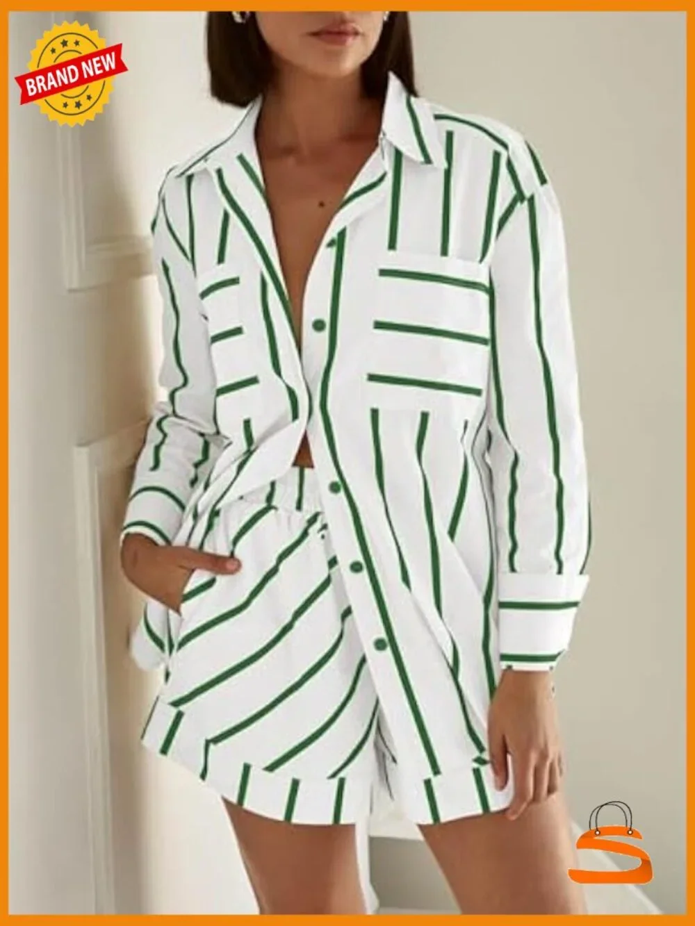 Striped 2 Piece Lounge Set: Button Down Shirt & Drawstring Shorts Matching